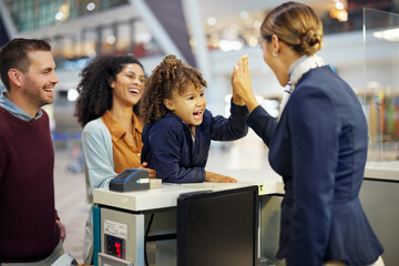 Family, travel and high five, child and parents with airport staff, happiness and vacation, ready...