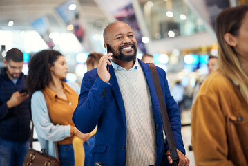 Travel, queue and phone call with black man in airport for flight, vacation and immigration. Happy, communication and technology with businessman in line with luggage for trip, holiday and journey
