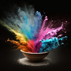 Holi colour explosion in a bowl on a dark background. Generative AI
