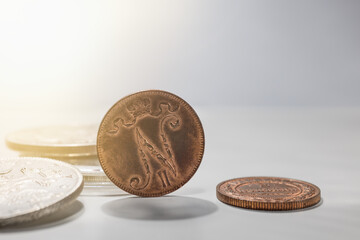 Numismatics. Old collectible coins on the table.