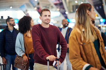 Plakat Travel, queue and smile with man in airport for vacation, international trip and tourism. Holiday, luggage and customs with passenger in line for ticket, departure and flight transportation