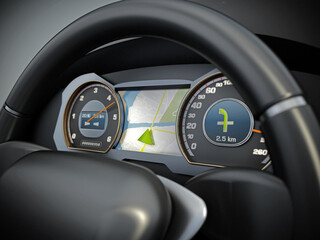 Modern sports car steering wheel and cocpit with navigation screen. 3D illustration