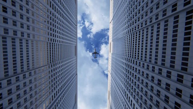 Airplane Flies Over Business Skyscrapers