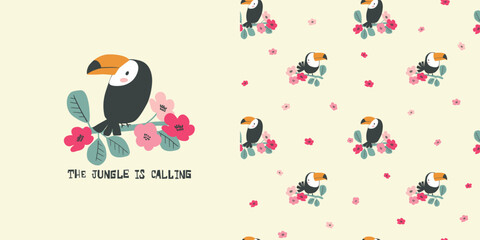 Handdrawn funny toucan bird. Toucan bird on blooming branch. Cartoon seamless pattern with single print for t-shirt. Perfect for shirt, wallpaper, poster, print. Isolated vector illustration © Maryco