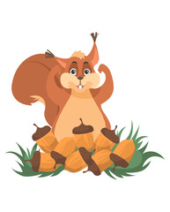 Cute squirrel harvesting acorn cartoon vector icon