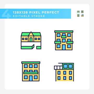 Apartment types pixel perfect RGB color icons set. Ranch house. Condominium flat. Luxury penthouse. Real estate. Isolated vector illustrations. Simple filled line drawings collection. Editable stroke
