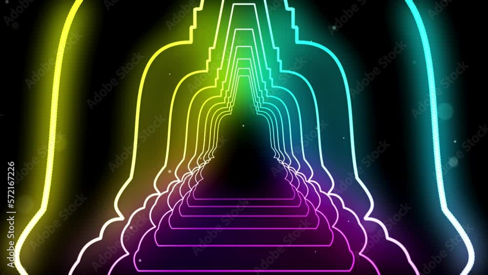Poster abstract motion view colorful glowing light buddhist stupa shape tunnel neon lines with glitter boke