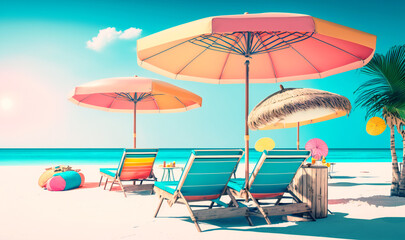 Fototapeta na wymiar A vibrant tropical beach with beach chairs, umbrellas, and other sunbathing accessories set blue sea and sky - the perfect summer holiday getaway