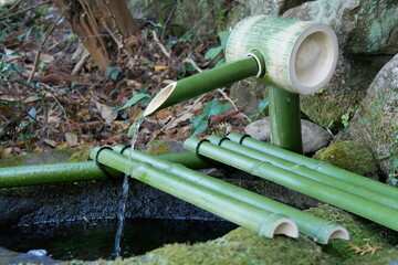緑色の手水と流れる水