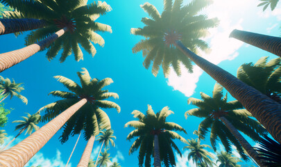 Fototapeta na wymiar Gaze up at the towering palm trees against a vintage blue sky, transporting yourself to a tranquil tropical beach paradise
