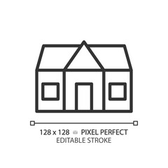 Cottage pixel perfect linear icon. Countryside home for recreation. Real estate purchase. Rural house purchase. Thin line illustration. Contour symbol. Vector outline drawing. Editable stroke