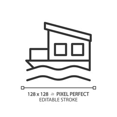 Houseboat pixel perfect linear icon. Float house. Moored building in lake, river. Modern property. Real estate. Thin line illustration. Contour symbol. Vector outline drawing. Editable stroke