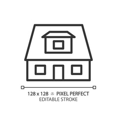 Bungalow pixel perfect linear icon. House with sloped roof. Recreation home. Buying property. Real estate. Cottage. Thin line illustration. Contour symbol. Vector outline drawing. Editable stroke