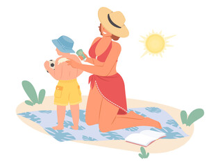 Mother applying sunscreen on son skin vector