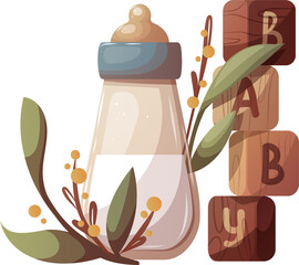 Baby bottle and wooden blocks with letters. Newborn, Childbirth, Baby care, babyhood, childhood, motherhood concept. Isolated vector illustration.