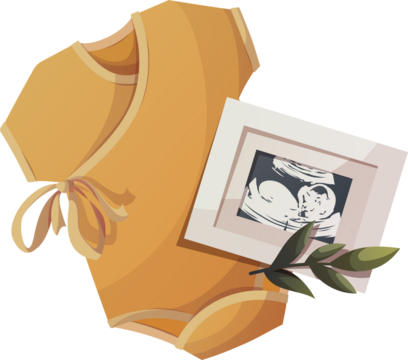 Yellow baby bodysuit and ultrasound baby picture. Baby clothes store, Baby waiting, pregnancy, sonogram concept. Isolated vector illustration.