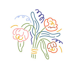 Flower bunch. Spring floral bouquet. Romantic gift, beautiful blooming peony roses, blossomed plants posy, lush gorgeous petals, leaves. Lineart vector illustration isolated on white background