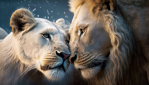 Portrait of a Lion and Lioness. Wildcat expresses emotions. Post-processed generative AI.
