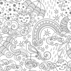 Fairytale Weather Forecast Seamless Pattern. Endless Texture with Sun, Moon, Rainbow, Clouds, Umbrellas etc. Fantasy Cartoon Design. Vector Contour Illustration. Coloring Book Page