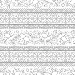Seamless Pattern with Rose Inspired by Ukrainian Traditional Embroidery. Ethnic Floral Motif, Handmade Craft Art. Horizontal Oriented Stripes. Coloring Book Page. Vector Contour Illustration
