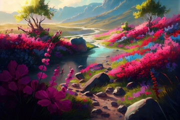 Brook flowing through meadow with spring flowers in mountain (Generative AI)