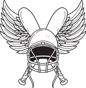Hand drawn baseball helmet with crossed bats background. Vector illustration, line art, tattoo sketch, sports emblem.
