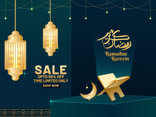 Ramadan Mubarak sale islamic holiday banner template. 3D background with golden lantern, crescent moon, mosque and quran.