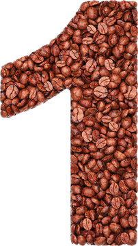 Arabic number 1 filled with roasted cofee beans. Coffee stylized font.