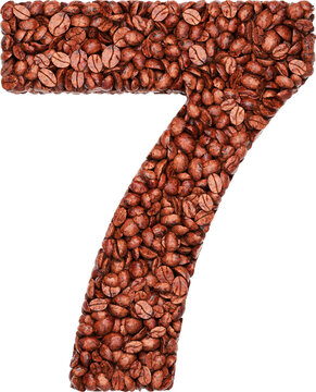 Arabic number 7 filled with roasted cofee beans. Coffee stylized font.