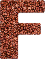 Latin letter F filled with roasted coffee beans. Coffee stylized font.