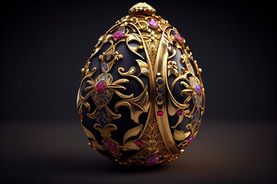 Jewelry egg made of gold and precious stones. Gold Jewelry box. Gold Jewelry Egg encrusted with precious stones. King attribute. Royal decoration. Generative AI