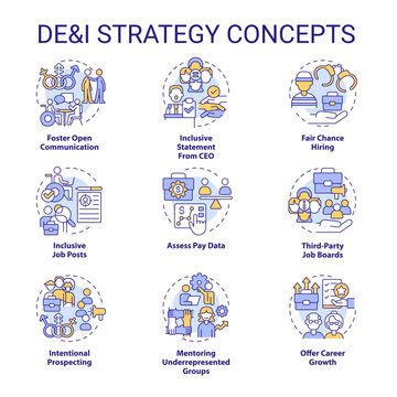 DEI Strategy In Workplace Concept Icons Set. Support Diversity, Equity And Inclusion Idea Thin Line Color Illustrations. Isolated Symbols. Editable Stroke. Roboto-Medium, Myriad Pro-Bold Fonts Used