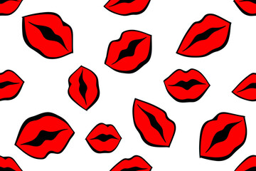 Vector red lips seamless pattern. Female hand drawn mouth icon. Wallpaper, graphic background, fabric, textile, print, wrapping paper or package design.