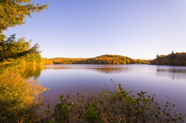 Landscape of a Canadian forest at the lake during a beautiful Indian summer