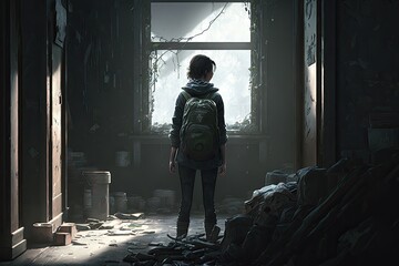 The Last of Us. Zombie Apocalypse Scenario. Person in the abandoned building. Generative AI.