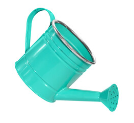 tilted levitating garden watering can isolated on white background - obrazy, fototapety, plakaty