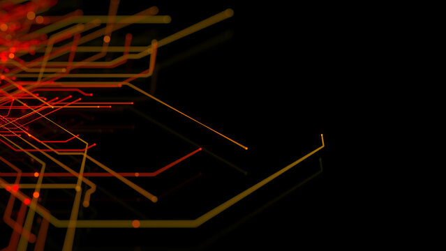 Orange and Yellow Geometric Lines form a Futuristic Technical Mesh. Cyberspace Concept with copy-space.