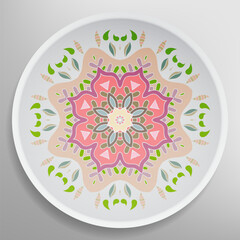 Decorative plate with round ornament in ethnic style. Mandala circular abstract geometric floral pattern. Fashion background with ornate dish. Interior home decor, vector illustration