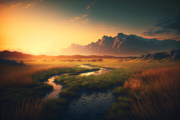 Spacious plain covered with grass, meadow, mountain, sunset. Generative AI
