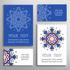 Greeting and business cards set. Isolated doodle mandala ornament with geometric, floral elements. Colorful and monochrome round pattern. Design for logo, icon, label, emblem. Tribal ethnic decoration