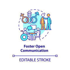 Foster open communication concept icon. Making DEI efforts effective practice abstract idea thin line illustration. Isolated outline drawing. Editable stroke. Arial, Myriad Pro-Bold fonts used