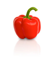 One red, whole, ripe, Bulgarian pepper. Isolated. Added shadow and reflection.