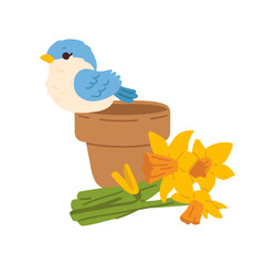 Vector illustration of spring print with cute cartoon sparrow bird on pot and flowers 