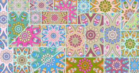 Vector patchwork quilt pattern. Vintage decorative collage. Hand drawn background. Indian, Arabic, Turkish motifs for printing on fabric or paper. Abstract colorful doodle pattern in mosaic style