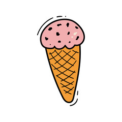 Doodle ice cream ball in a waffle cone isolated on a white background. Hand drawn vector illustration for t-shirt design