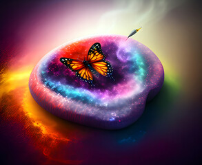 Sehr bunter Schmetterling mit vielfarbigem Hintergrund. Phantasie Style - created with hyperrealistic generative AI technology