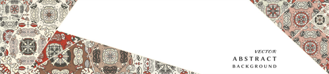 Creative doodle art banner background. Abstract header with different shapes and textures. Vector patchwork quilt pattern. Vintage decorative collage. Hand drawn background.