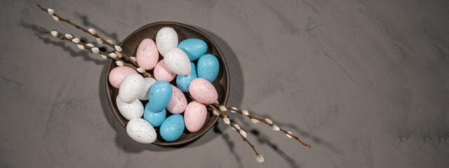 HAPPY EASTER holiday celebration backgroud banner - Easter nests with easter quail eggs and catkins...