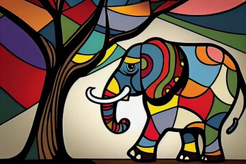 Stained glass colorful elephant. Elephant in African style.Colorful painting of a elephant with creative pattern. Tribal pattern. Generative AI