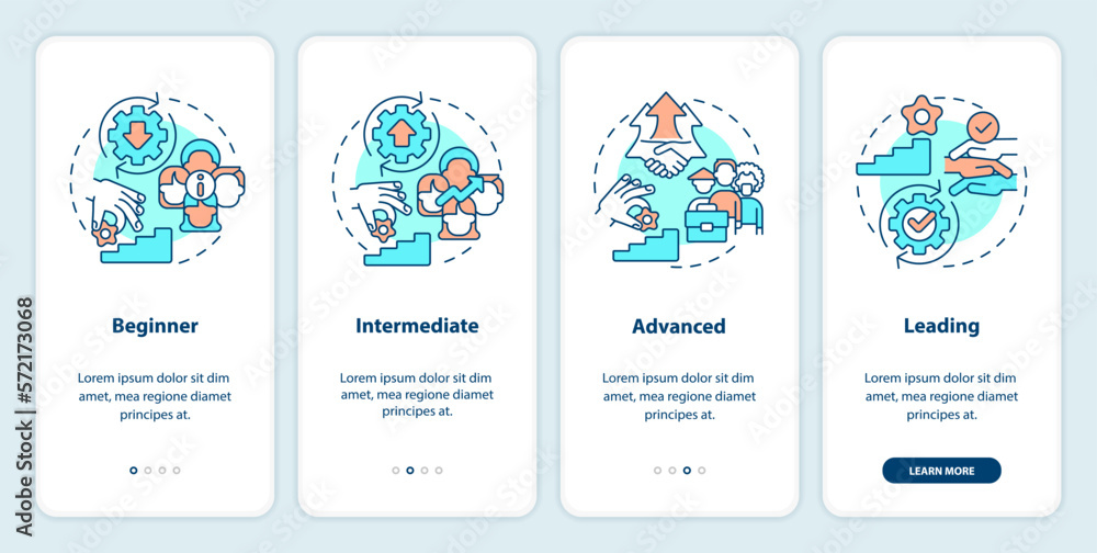Poster dei program maturity stages onboarding mobile app screen. tolerance walkthrough 4 steps editable gra